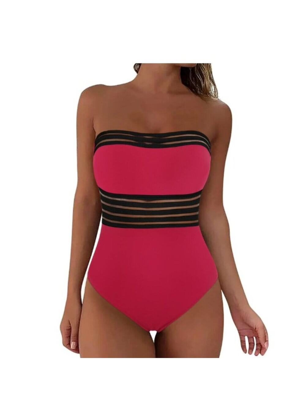 Hilor Brand Women's XXL (16) Red & Black Tummy Control Halter Swimsuit Bandeau